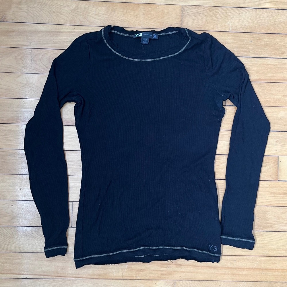 Y-3 Yohji Yamamoto Adidas Black Ribbed Long Sleeve Top Raw Edge Medium